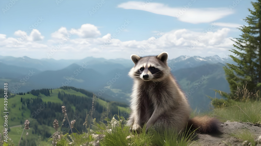 Raccoon Sitting on Mountaintop with Scenic View