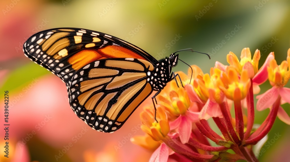 Fototapeta premium Vibrant monarch butterfly on a cluster of blossoms.