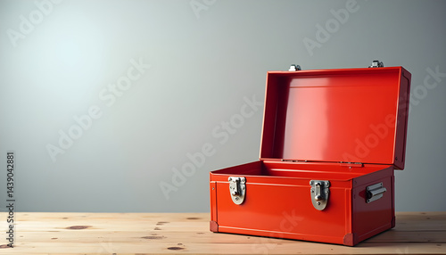 A red metal tool box sitting on top of a wooden table.