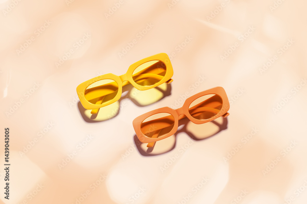 Trendy sunglasses with Yellow and orange Frame on peach background, copyspace, beach vibes, summertime mood, sunlight shadow and glare, summer fashion glasses. Minimal top view of eyeglasses