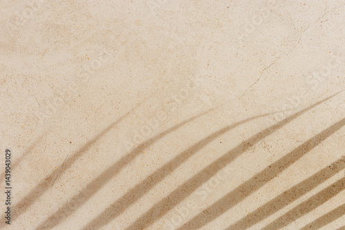 Soft shadows of tropical palm leaves on textured concrete background neutral beige colored. Summer travel, vacation, spa concept. Minimal style photography, summertime aesthetic backdrop copyspace