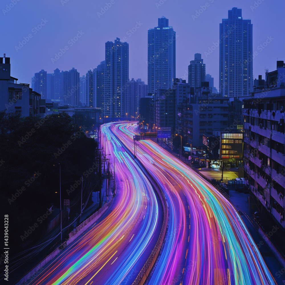 Fototapeta premium The highway car rainbow light trails of modern city buildings