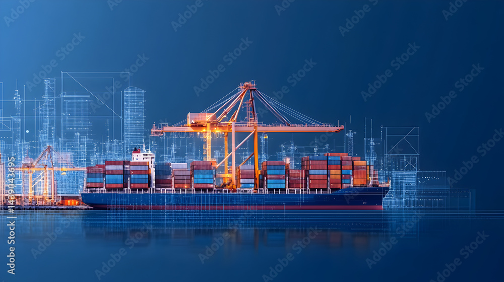 Obraz premium Port terminal with smart container cranes, automated stacking, dynamic water reflections, 3D isometric flat vector, navy blue sea color scheme, white background, wide angle
