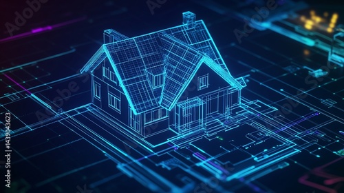 3D rendering of a house blueprint with glowing lines and geometric shapes on dark background