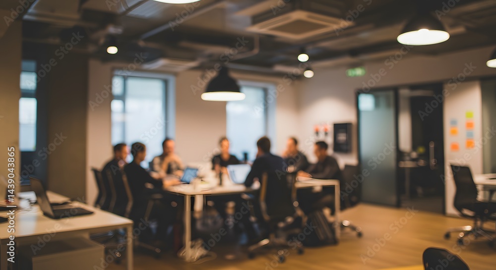 Blurred Office Meeting: Team Collaboration, Brainstorming in Modern Workspace Blurred Office Meeting: Team Collaboration, Brainstorming in Modern Workspace
