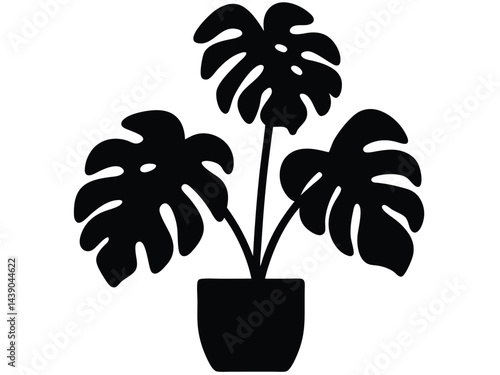 Monstera deliciosa plant in pot silhouette vector, Potted plant with monstera silhouette potted black vector illustration.