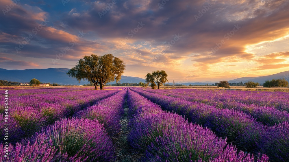 Obraz premium Lavender field bathed in golden sunset light.