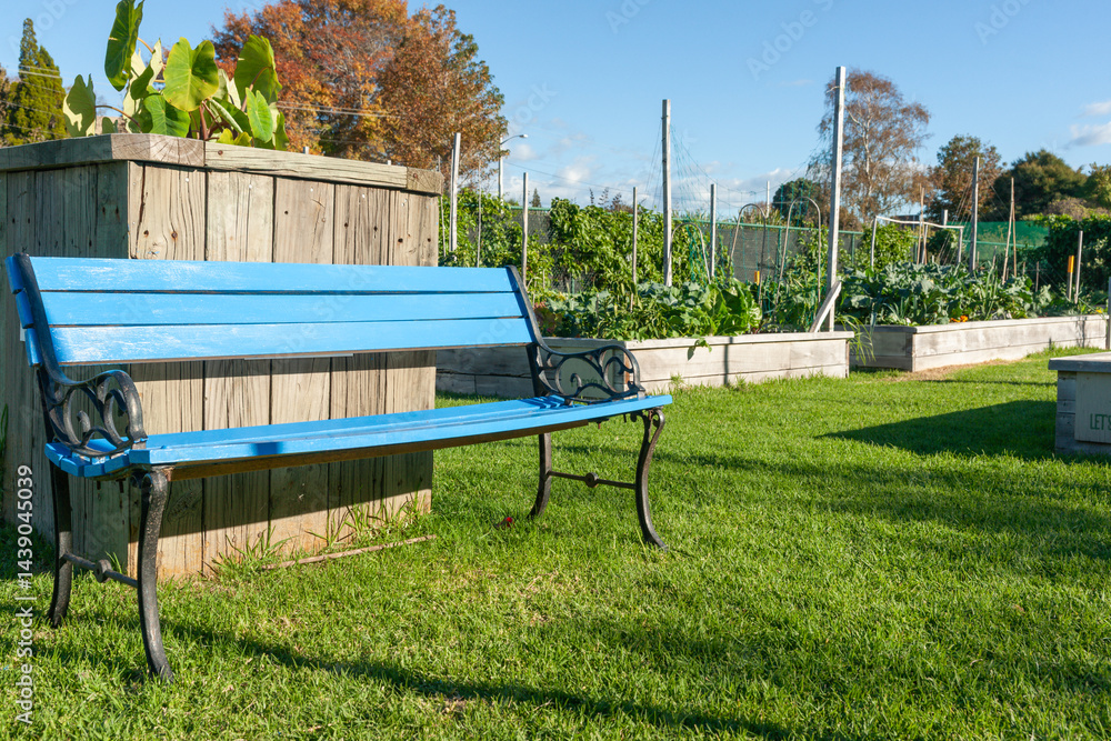 Blue bench seat in Community gardens area.