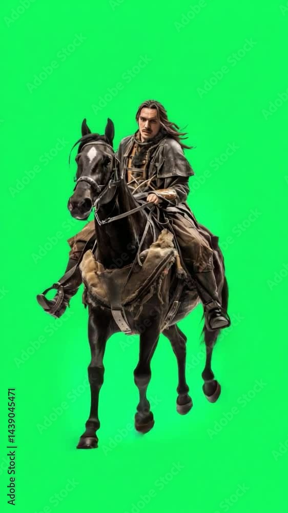 Heroic Rider on Horseback: An imposing figure, clad in weathered attire, confidently rides atop a majestic horse against a vibrant green backdrop. Capturing a sense of adventure and determination. Heroic Rider on Horseback: An imposing figure, clad in weathered attire, confidently rides atop a majestic horse against a vibrant green backdrop. Capturing a sense of adventure and determination.
