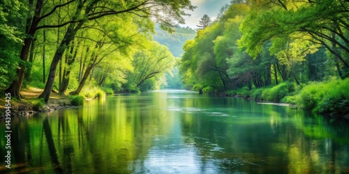 A serene river flowing gently through a peaceful forest with smooth waters and lush greenery surrounding it, scenery, peaceful surroundings