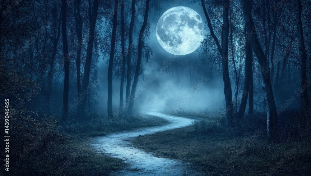 Obraz premium Enchanted Moonlight Path: A Mystical Forest Walk Under a Full Moon