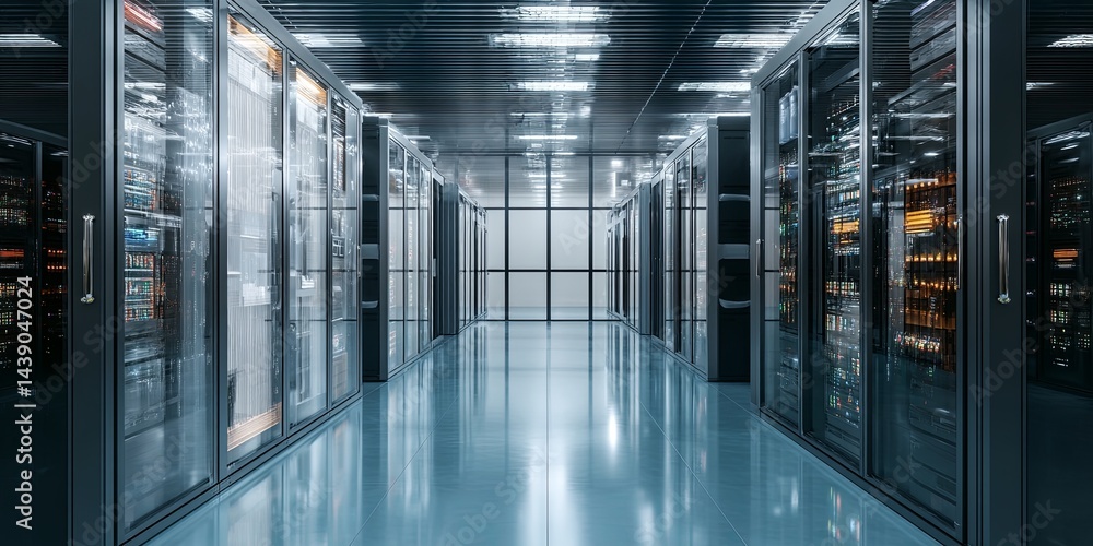 Fototapeta premium Modern Data Center Interior with Rows of Technology Racks and Servers in a Clean, High-Tech Environment for IT Infrastructure Management