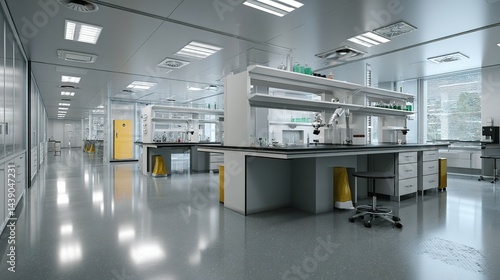 Modern laboratory interior with multiple workspaces.