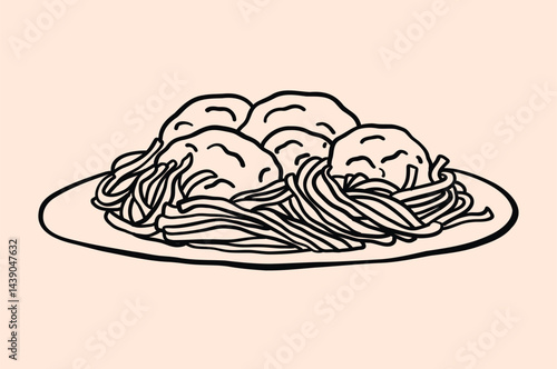 Minimalist line art illustration of a plate of spaghetti and meatballs. Simple, elegant, hand-drawn style.