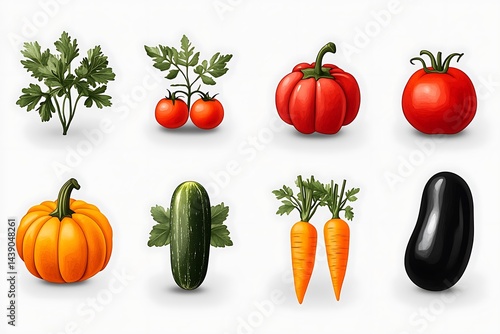 Assorted vegetables flat lay composition with tomato pepper pumpkin carrots eggplant parsley zucchini