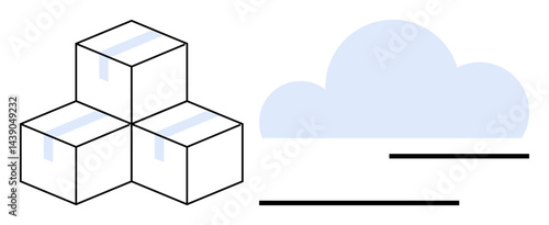 Stacked cardboard boxes next to a blue cloud symbol with minimalistic lines, highlighting digital cloud storage and physical inventory management. Ideal for delivery, e-commerce, data storage