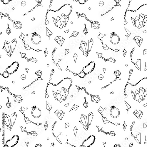 Jewelry Pattern: A stylish, intricate pattern showcases an array of elegant jewelry elements in a minimalist aesthetic, perfect for adding a touch of luxury and sophistication.