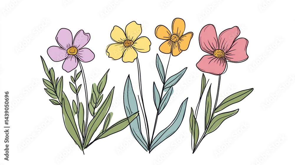 Colorful flowers, line art, white background, spring Colorful flowers, line art, white background, spring
