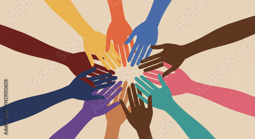  Colorful Hands Joining in Unity – Vibrant Graphic Illustration of Teamwork and Multicultural Solidarity
