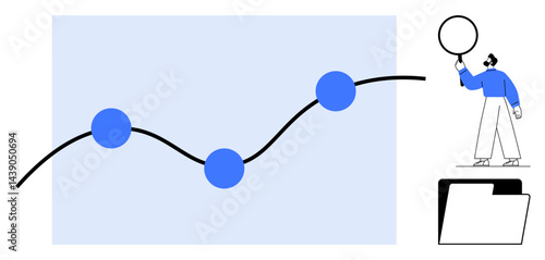 Graph with three blue points connected by a curved line. Person holding circular element standing on folder. Ideal for statistics, analytics, growth, research, presentation, education, simple landing