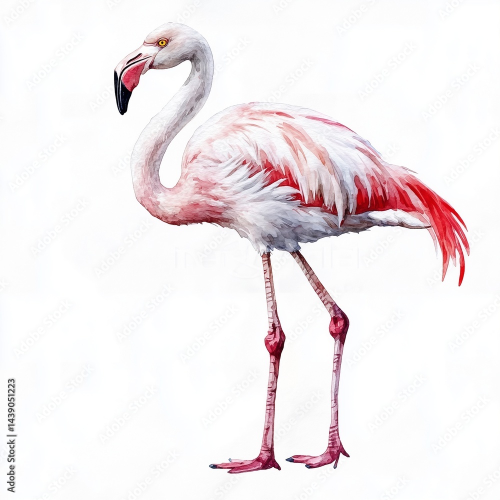 Fototapeta premium watercolor of a full body standing flamingo, isolated on white background, stock photo