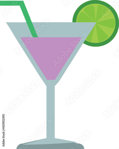 Colorful line art of a tropical drink in a margarita glass with lime , in a minimalist style on transparent background.