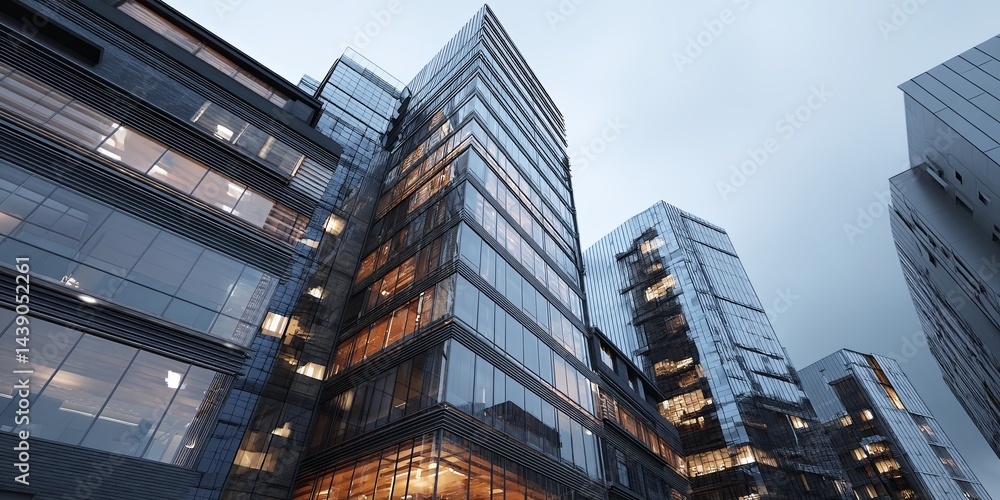 Naklejka premium Modern Office Building Exteriors Reflecting Glass Facades and Dynamic Urban Architecture in a Bustling Business District