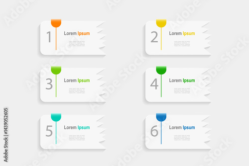 business concept with 6 steps infographics,  rectangle shape and multicolor label ,design for workflow layout, diagram, annual report, web design. vector