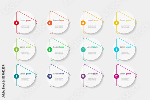 business concept with 12 steps infographics,  circle shape and multicolor label ,design for workflow layout, diagram, annual report, web design. vector