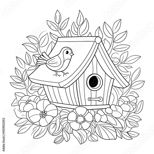 bird house and flowers coloring page 