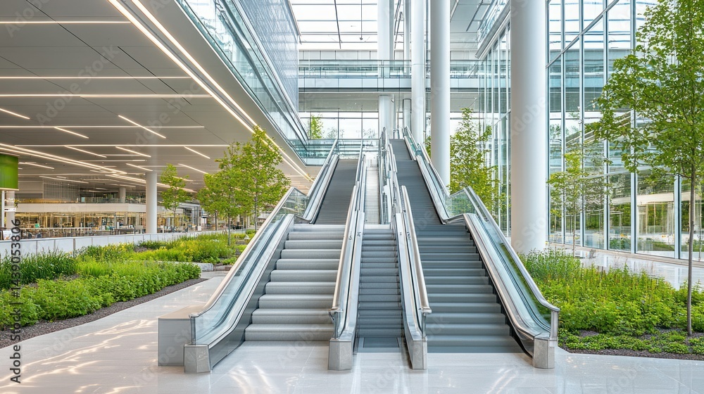 Fototapeta premium Modern office interior with escalators and greenery