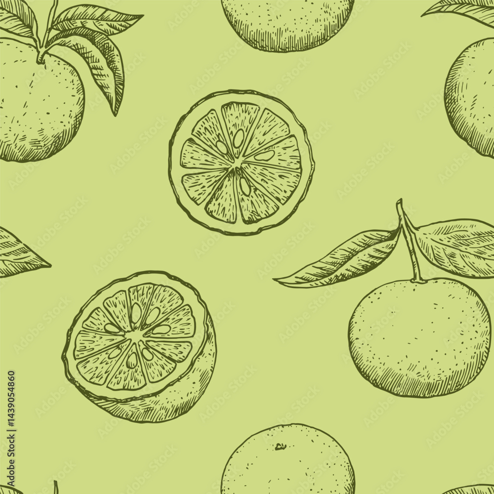 Seamless pattern with yuzu fruits in engraving style. Monochrome outline vector illustration. Seamless pattern with yuzu fruits in engraving style. Monochrome outline vector illustration.