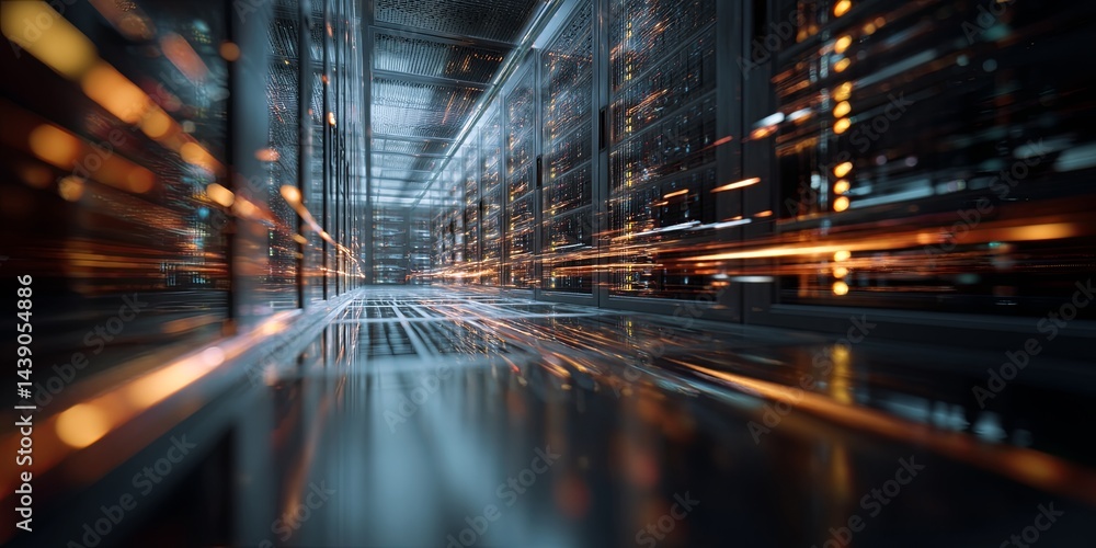Fototapeta premium Abstract digital technology background featuring glowing data streams and illuminated server racks representing modern data processing and storage solutions