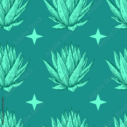 Seamless pattern with agave plant. Hand drawn illustration in engraving style. Vector retro print for design.