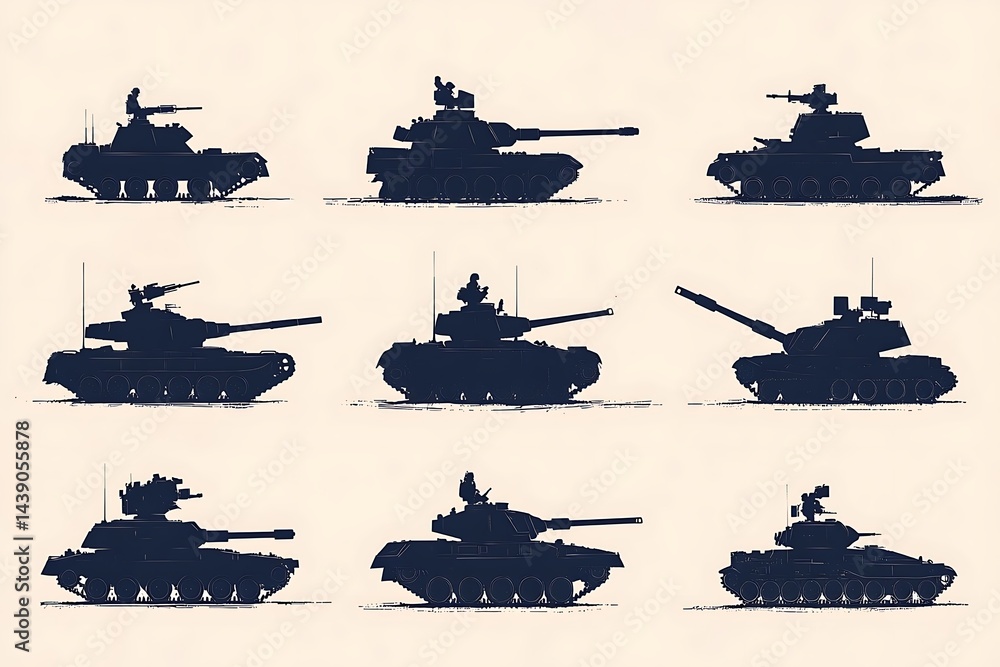 Fototapeta premium Nine tank silhouettes arrayed in grid formation on cream background illustration