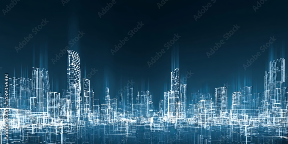 Abstract Urban Skyline with Wireframe Concept, Futuristic Architecture Visualization, Modern City Landscape in Blue Background Abstract Urban Skyline with Wireframe Concept, Futuristic Architecture Visualization, Modern City Landscape in Blue Background