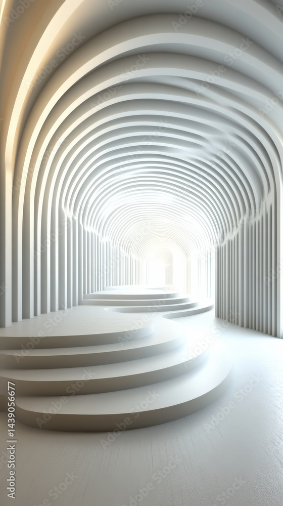 Naklejka premium serene architectural space featuring smooth, curved white arches and steps, creating sense of depth and tranquility. soft lighting enhances minimalist design, inviting exploration and reflection