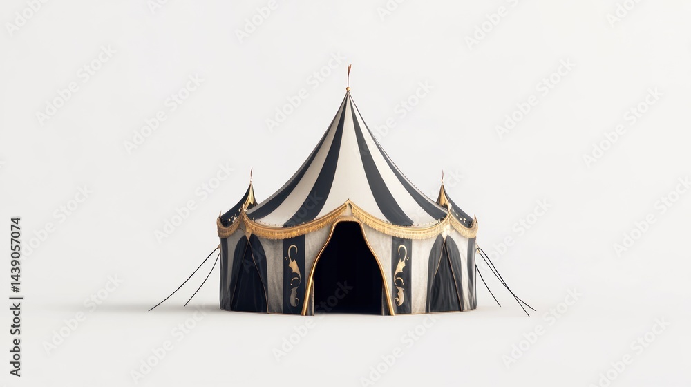 Elegant circus tent, black and white striped canvas, golden accents Elegant circus tent, black and white striped canvas, golden accents