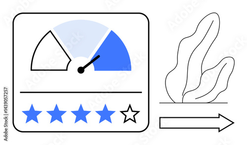 Rating meter with highlighted range, five stars with one unfilled, abstract plant and arrow. Ideal for feedback, reviews, evaluation, progress, analytics, growth simple landing page