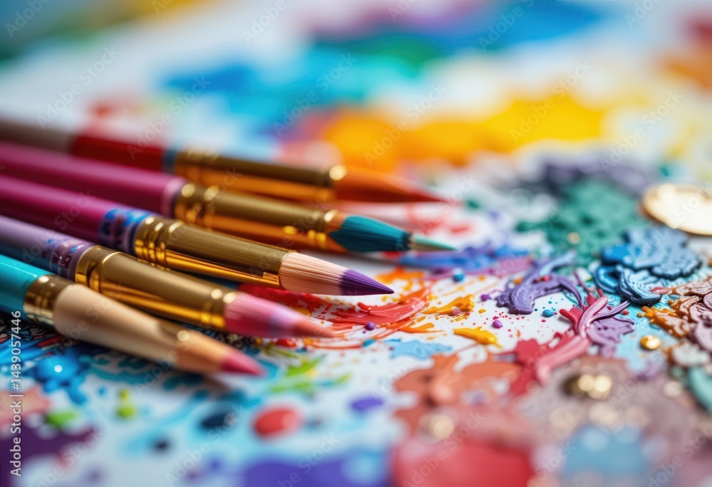 Vibrant paintbrushes arranged over a colorful artistic background in a creative workspace Vibrant paintbrushes arranged over a colorful artistic background in a creative workspace