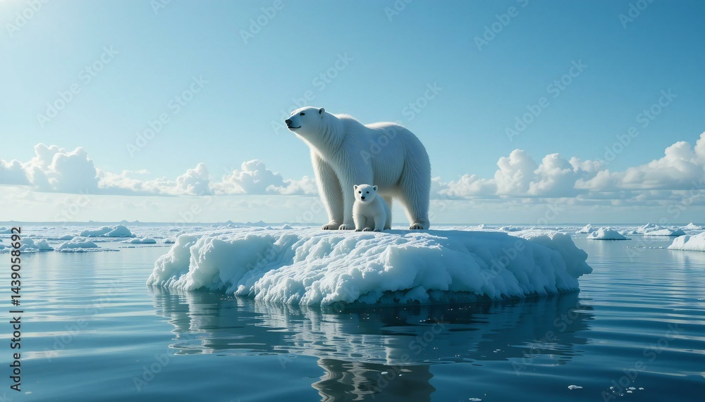 Fototapeta premium Polar Bear and Baby Standing on Ice Float.