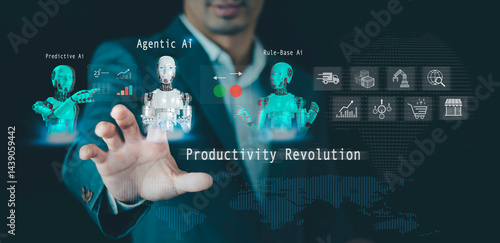 Productivity Revolution, Businessman using  Agentic AI tools analyzing data with innovative efficiency time management, fostering enhancing productivity, technology, and futuristic solutions