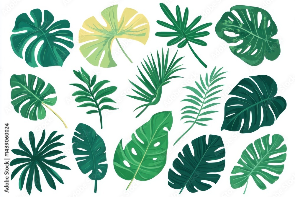 Tropical Leaf Collection. Vibrant green and yellow tropical leaves in various shapes and sizes, including monstera, palm, and other exotic foliage.  Detailed illustration perfect for design