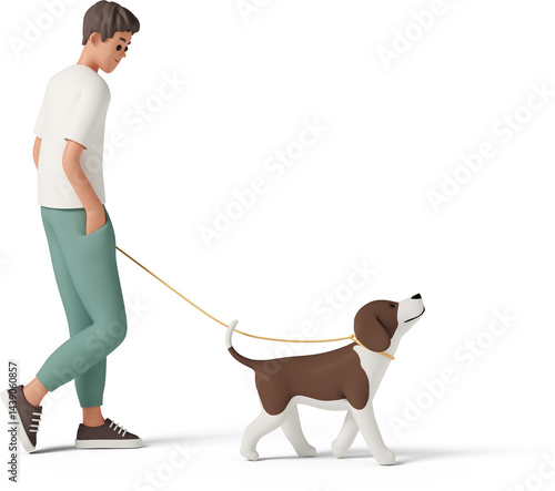 young man walking dog on leash
