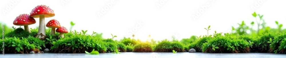 Obraz premium Lush green moss & vibrant mushrooms on pure white , nature, green