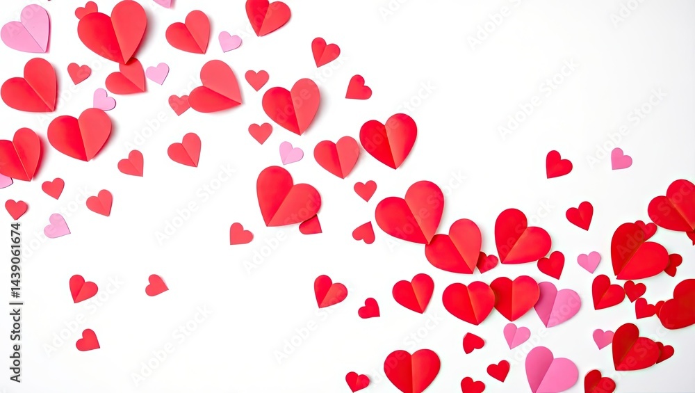 Red and pink paper hearts scattered on white background, forming a wave-like pattern Red and pink paper hearts scattered on white background, forming a wave-like pattern