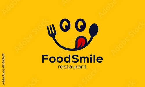 Yummy smile food logo design. spoon fork vector design with smile graphic icon symbol. Delicious, tasty eating emoji face eat with mouth and tongue gourmet enjoying taste