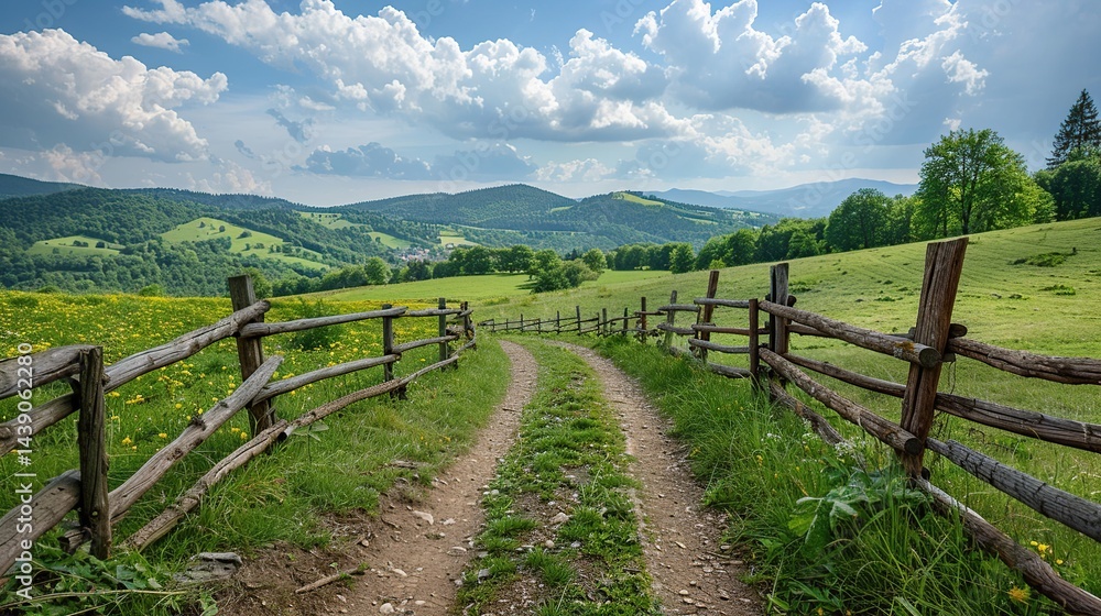 Rustic countryside scene with weathered wooden fence along rolling farmland hills Rustic countryside scene with weathered wooden fence along rolling farmland hills