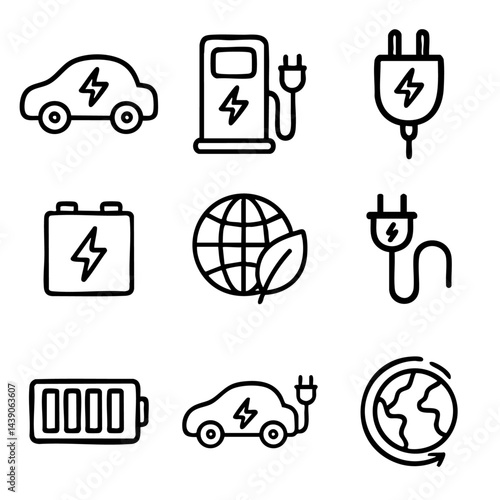 A cute doodle icon set featuring EV electric cars, charging stations, eco energy, batteries, and sustainability concepts in a playful style