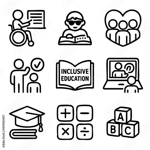 A cute doodle icon set featuring inclusive education, accessibility, special needs learning, and digital support for students in a fun style